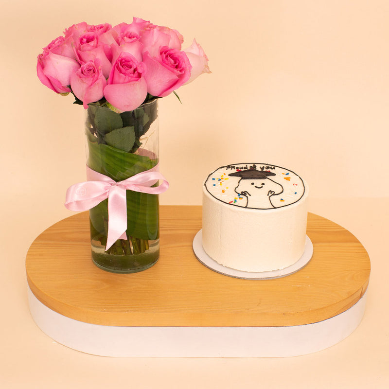 Ninos “Proud of You” Celebration Cake & 15 Pink Roses Vase