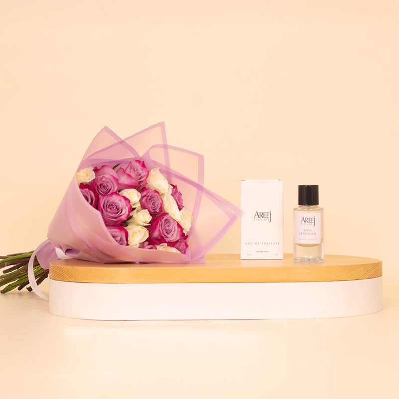Areej Rose Centifolia with Hand Bouquet of 10 Purble and 10 White Roses