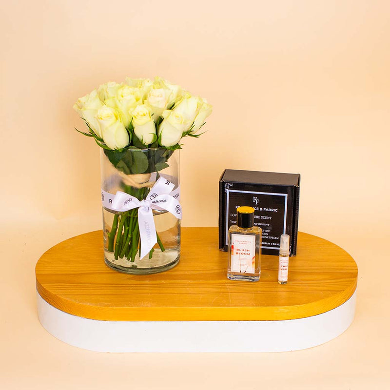Fragrance & Fabric Blush Bloom for Woman & White Roses Vase