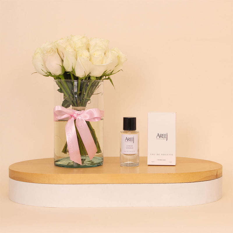 Areej Coco Vanille Eau de Toilette & 15 White Roses Vase