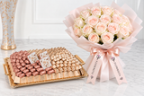 Belgian Chocolate Gift Tray with Pink Rose Bouquet
