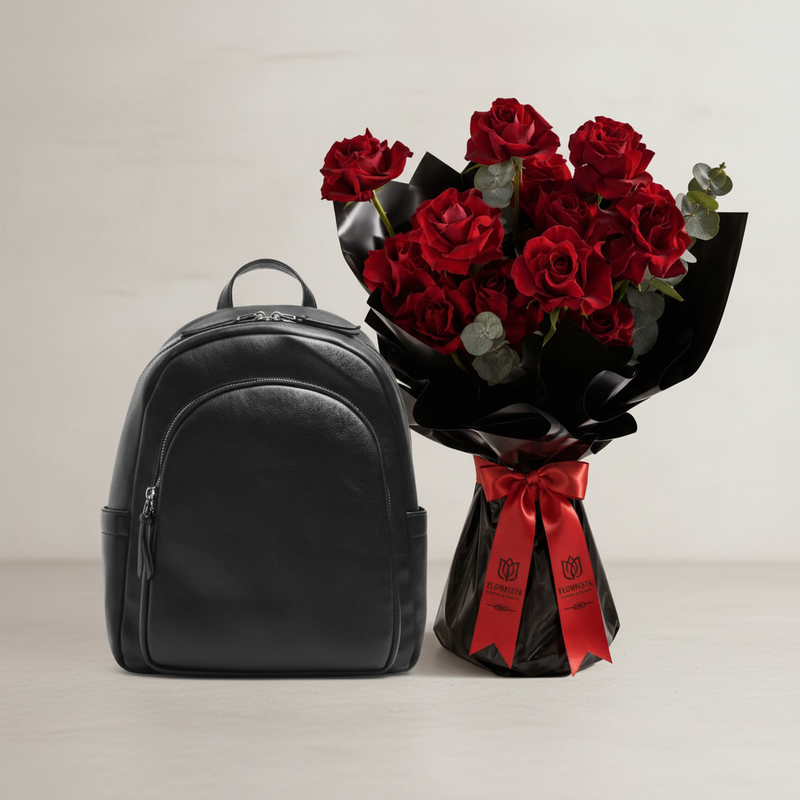 Black Backpack & Red Roses Bundle