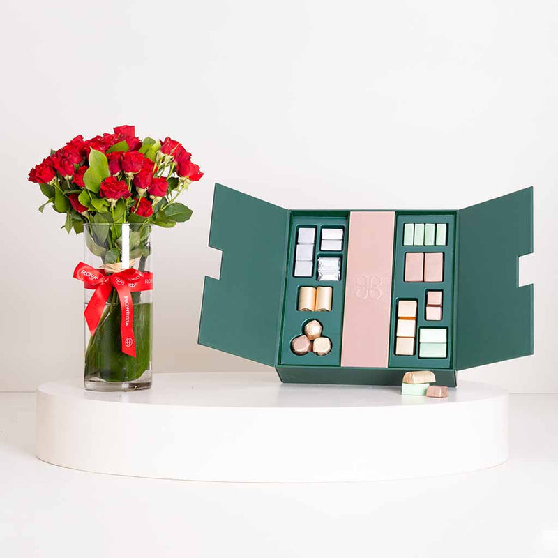 Patchi Les Signatures Prestige Box 940g & Red Baby Roses Vase