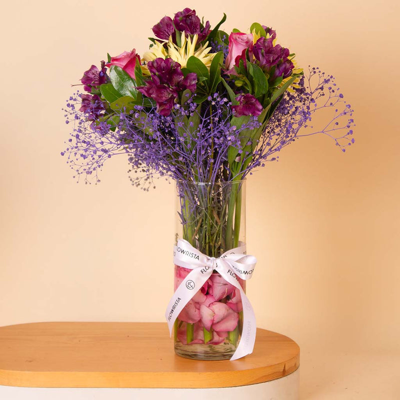Purple & Pink Mixed Flowers Glass Vase