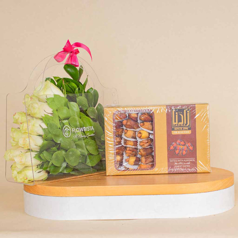 Zadna dates and a bag of white roses