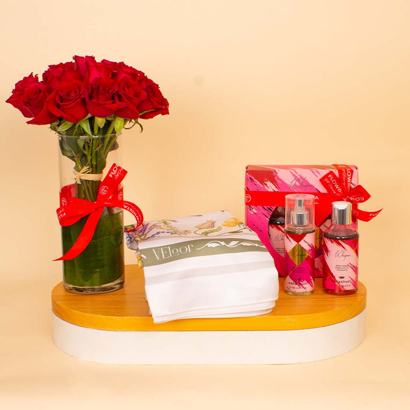 Whisper & Roses Elegance Bundle - Velour Floral Scarf & Soul & More Whisper Set & Red Roses
