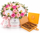 Le Chocolala Chocolate Box with Flowrista Pink Rose and Orchid Arrangement