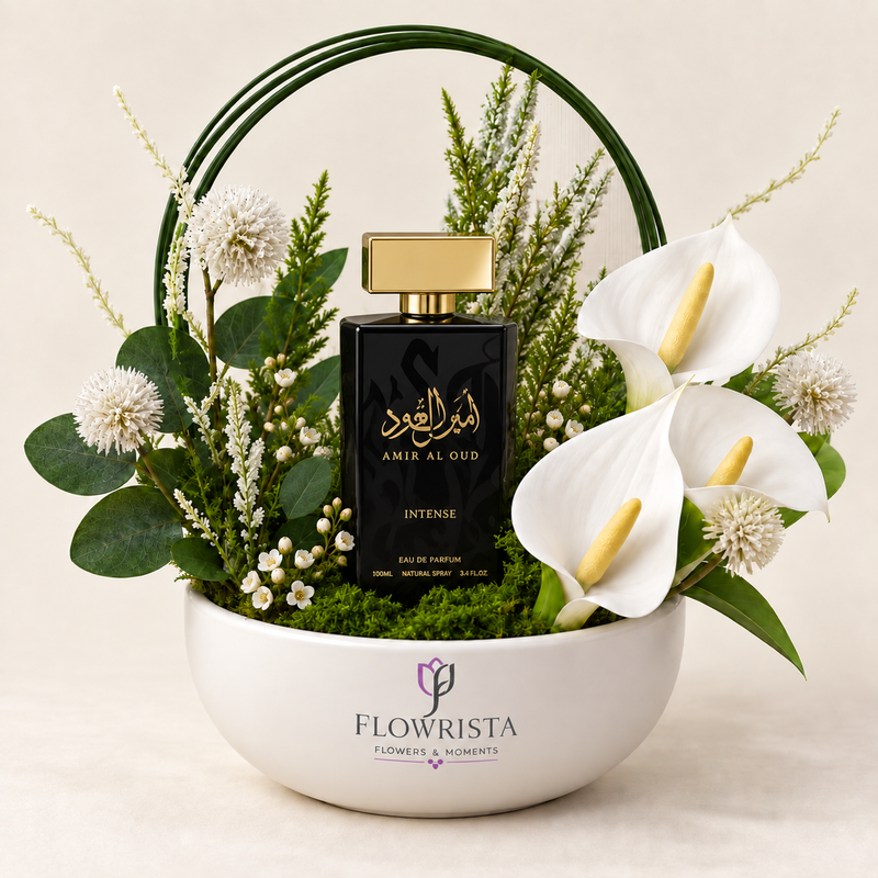 Amir Al Oud Black Intense 100ml with Artificial White Anthurium Arrangement