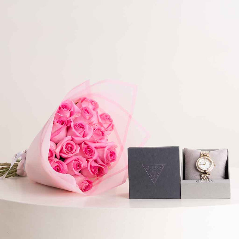 Guess Analog Watch for Women and 20 Rose Pink Bouquet