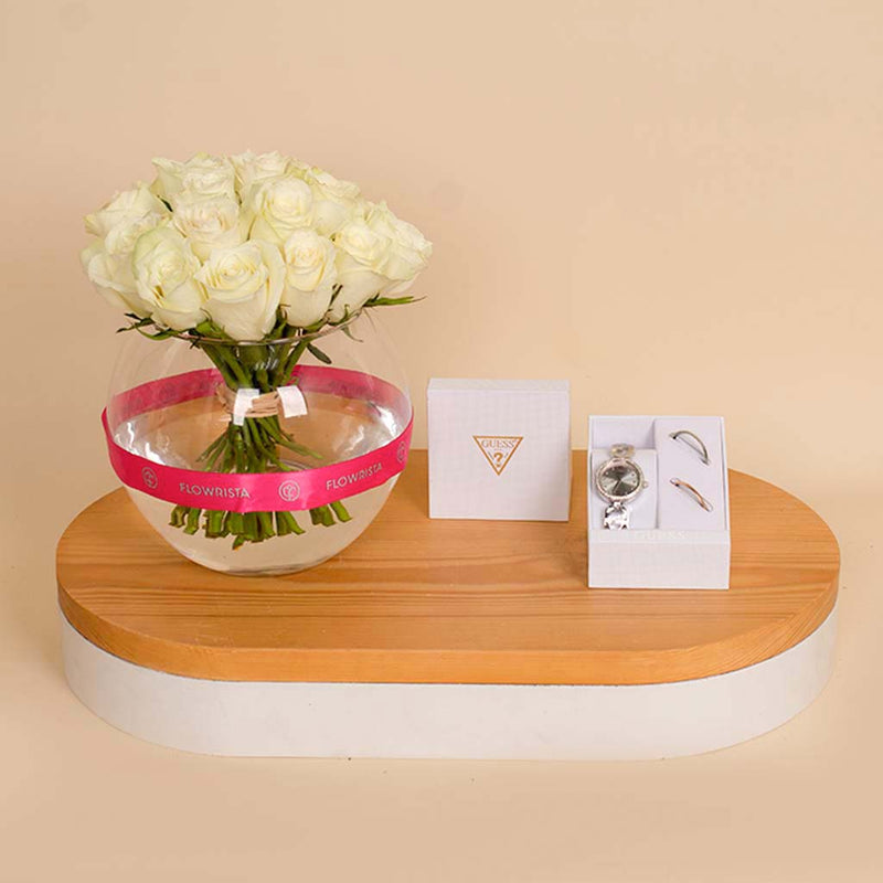 Guess Stainless Steel Analogue Watch & 20 White Roses Vase