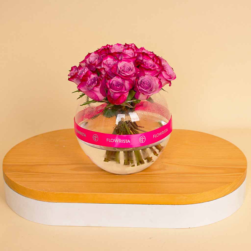 Bowl Vase – 20 Purple Flowers