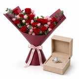 Silvara Pear-Cut Halo Ring & Red & Pink Rose Bouquet