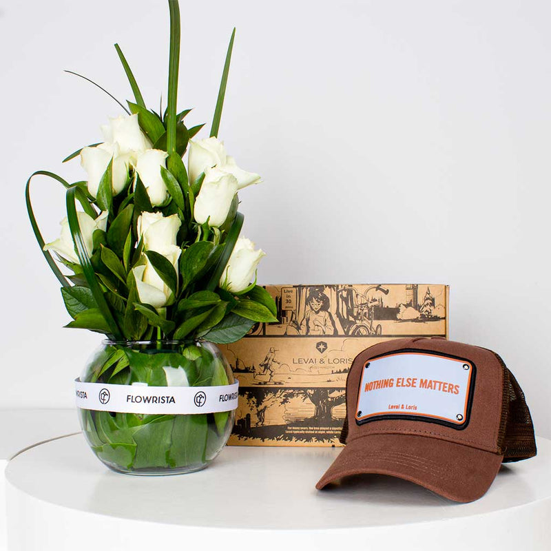 Levai & Loris Nothing Else Matters Cap & White Roses Vase