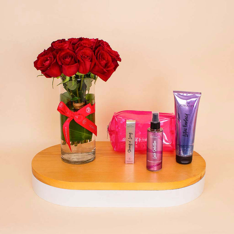 Joviality Pink Glow Set & Red Roses Vase