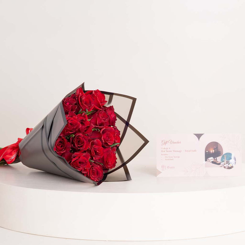 Bliss Spa Hot Stone Massage & Royal Bath & 15 Red Roses Bouquet