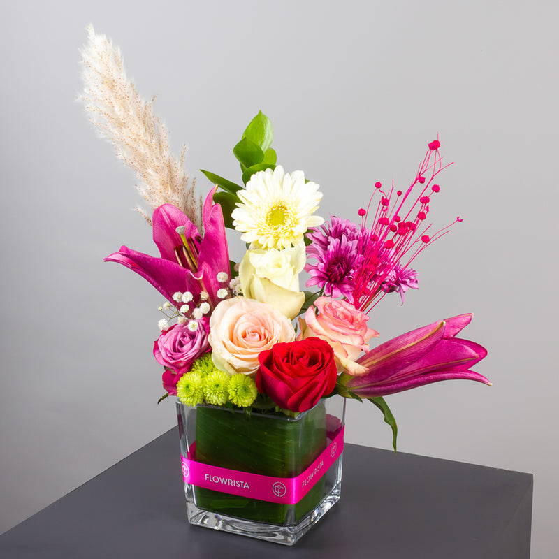 Mixed Flower Vase with Chrysanthemums, Lilies & Roses