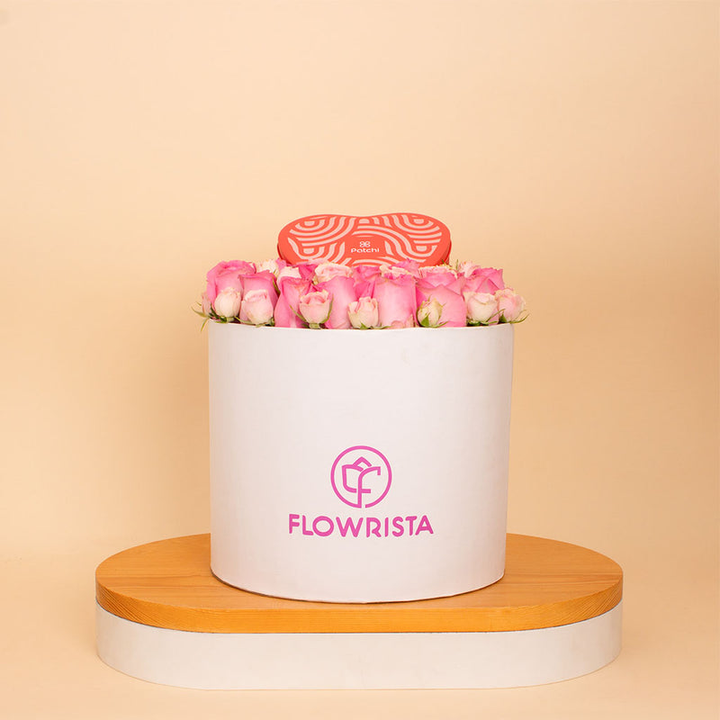 Blush Heart Bloom Box -  Revival Roses & Patchi Heart Box 22 pcs