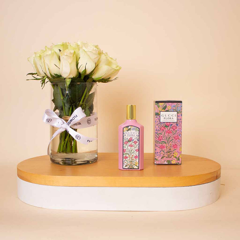 Gucci Flora Gorgeous Gardenia For Women EDP 100ml & White Roses Vase