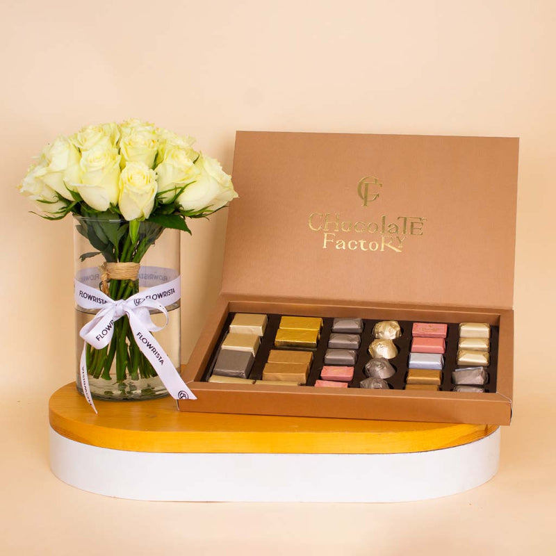 Chocolate Factory Luxe Box – 28 Pieces & White Roses Vase