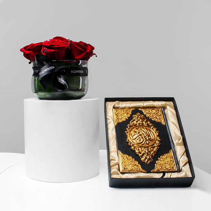 Ramadan Gift Set with Red Roses Vase & Holy Quran
