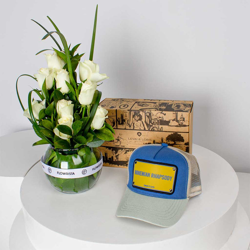 Levai & Loris Bohemian Rhapsody Cap with White Roses Vase