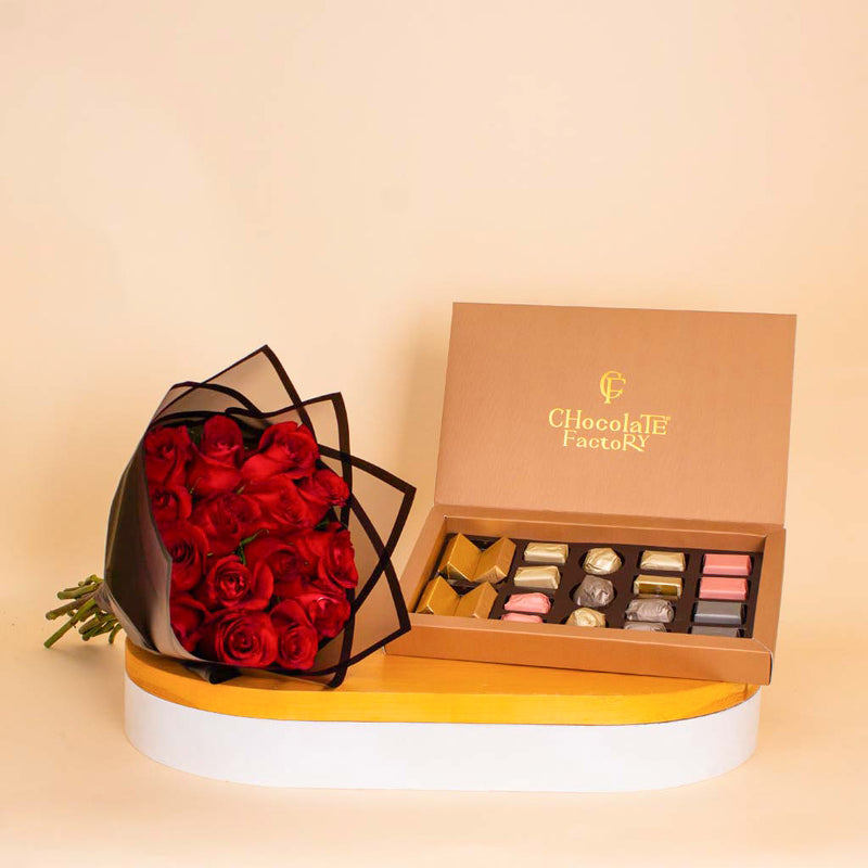 Chocolate Factory Luxe Box – 19 Pieces & Red Roses Boutque