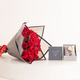 GUESS Ladies Leopard Gold Tone Analog Watch & Red Roses Bouquet