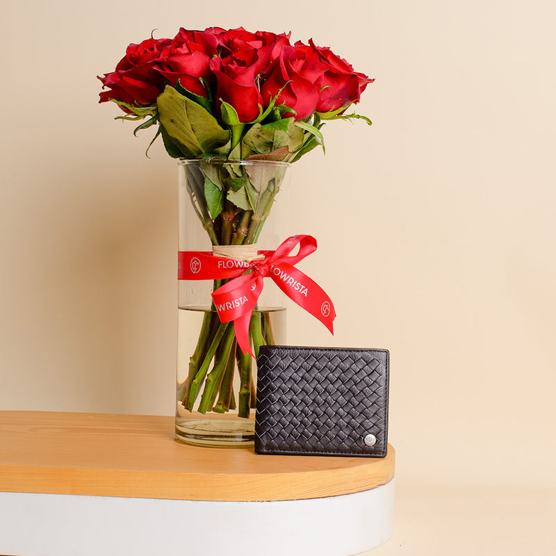 Police Wallet PA40112WLBL | Vase with 15 Red Roses