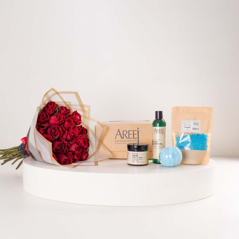 Areej Vanilla Calm Gift Set & Red Roses Bouquet