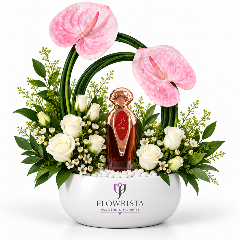 Asser Perfume with Artificial Pink Anthuriums & White Roses Bowl