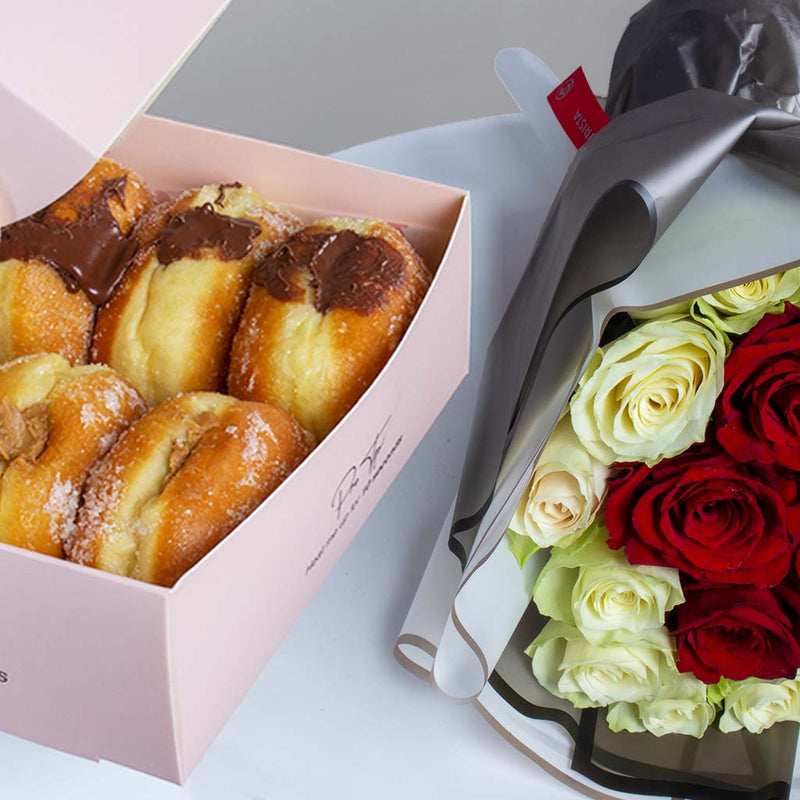 Nude Bakery doughnuts box and 22 roses