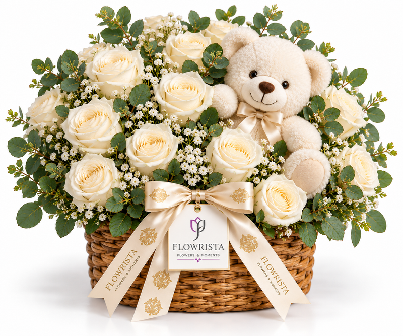 A floral gift basket arrangement featuring cream-colored roses, green eucalyptus leaves, baby's breath, a plush cream teddy bear, and a woven wicker basket. The arrangement is tied with a cream satin ribbon and a hanging tag that reads 'FLOWRISTA Flowerista & the Flower Show'.