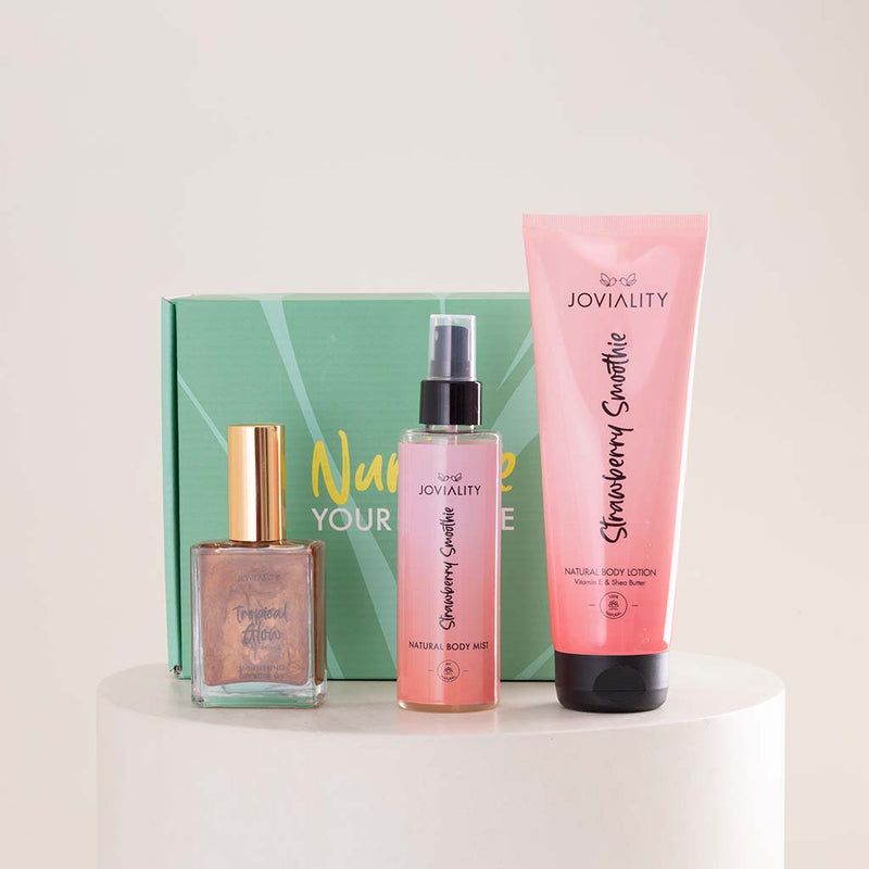 Joviality Strawberry Bronze Body Care Trio & Pink Roses Bouquet