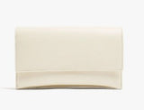 A cream-colored leather clutch wallet with a smooth texture, shown closed against a plain white background.