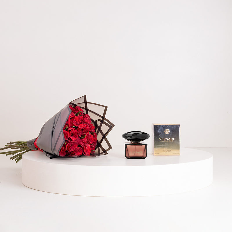 Versace Crystal Noir Eau de Parfum for Women 90ml & Red Roses Bouquet