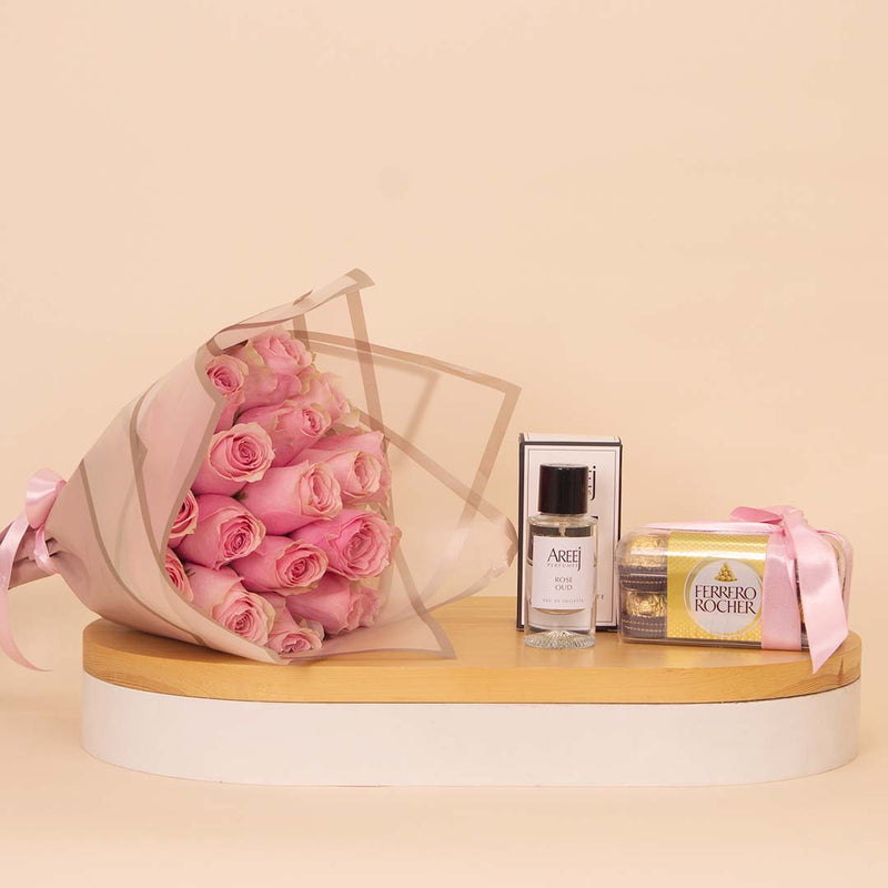 Areej Gift of Fragrance, Ferrero Rocher Chocolates & Pink Roses