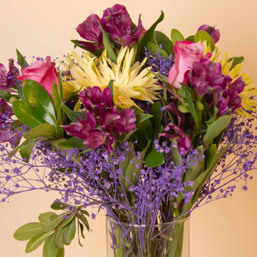 Purple & Pink Mixed Flowers Glass Vase