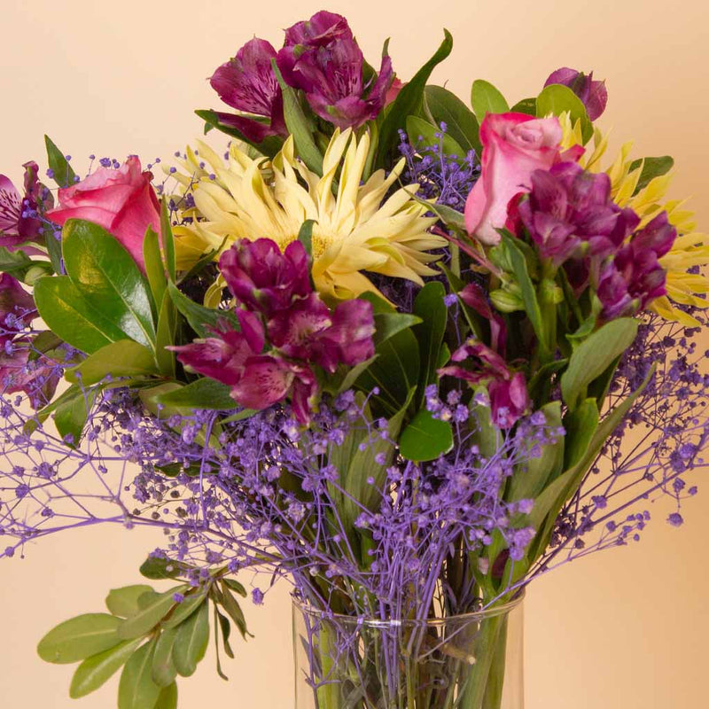 Purple & Pink Mixed Flowers Glass Vase