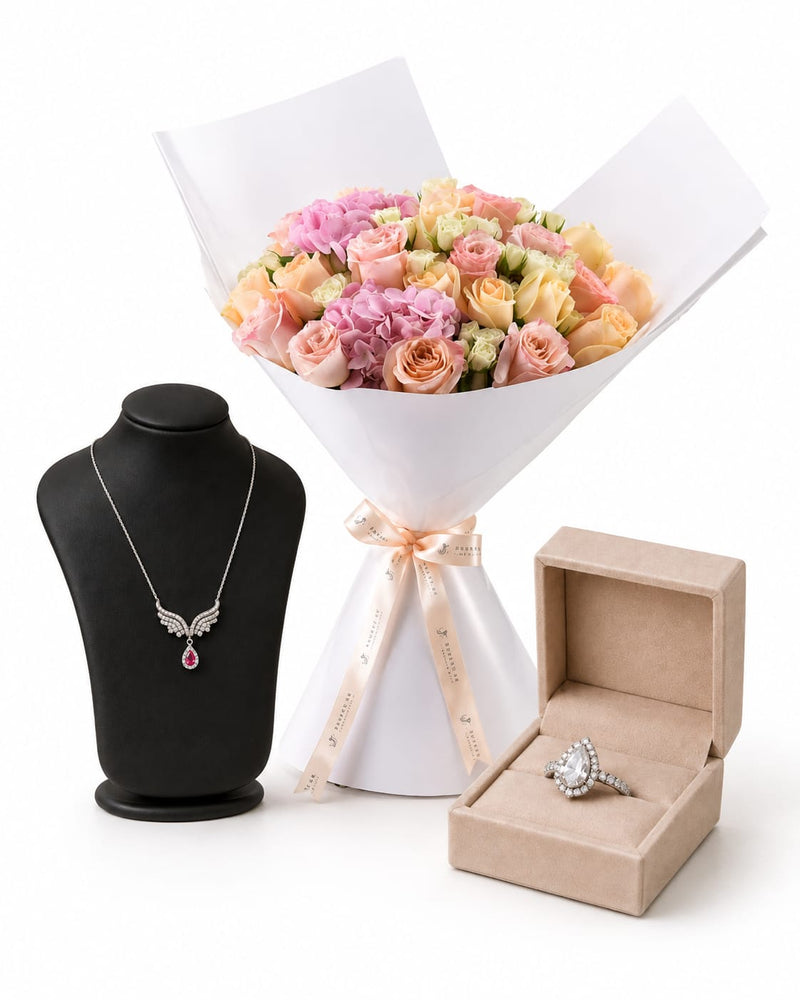 Silvara Angel Wing Necklace & Halo Ring Set with Pastel Mixed Rose Bouquet