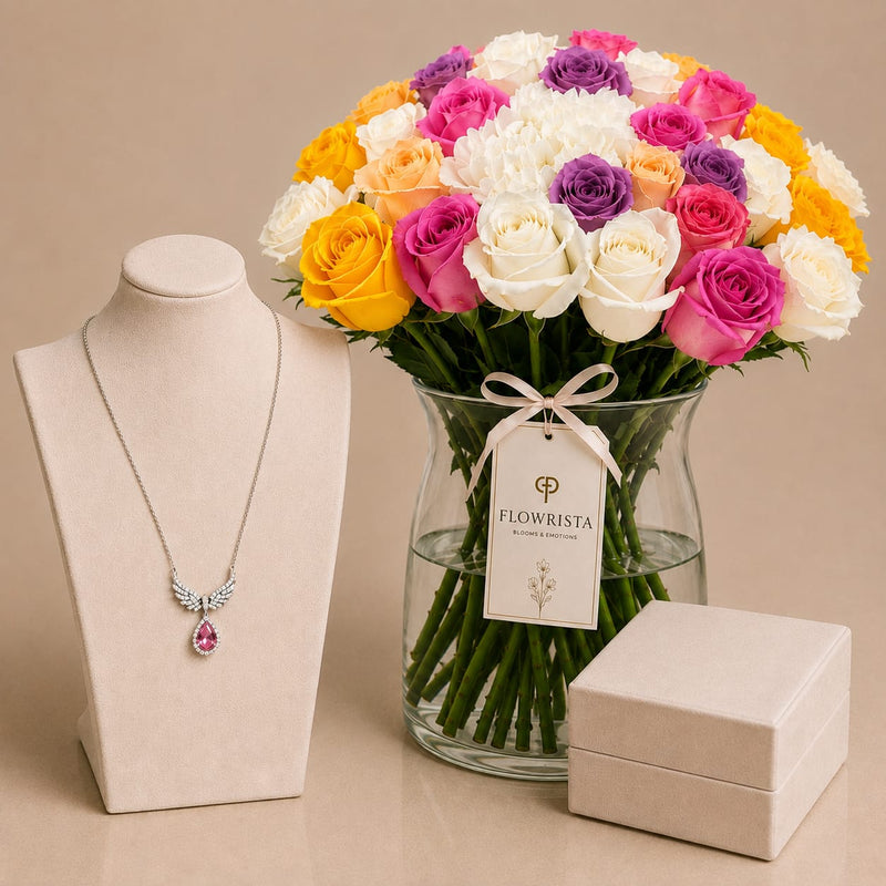 Silvara Angel Wing Necklace & Rainbow Mixed Rose Flowrista Vase
