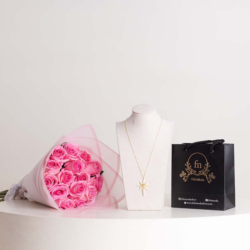 Felizmoda Sterling Silver Star Necklace with Pink Roses