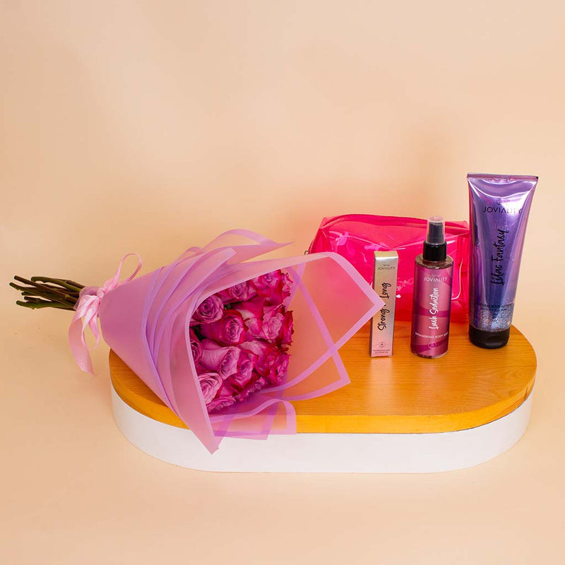 Joviality Pink Glow Set & Pink Roses Bouquet