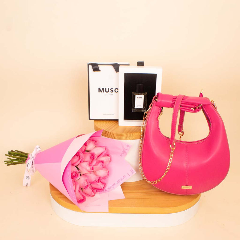 Alamki Bella Fuchsia Bag & MUSC Oud Musc Perfume with Pink Roses Bouquet