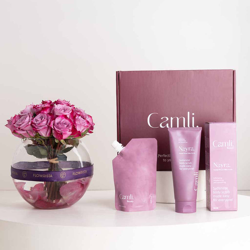 Camli Beauty Nayra Sandalwood Scented Dilka Nayra Dilka Body Scrub & Body Butter & Purple Roses Vase