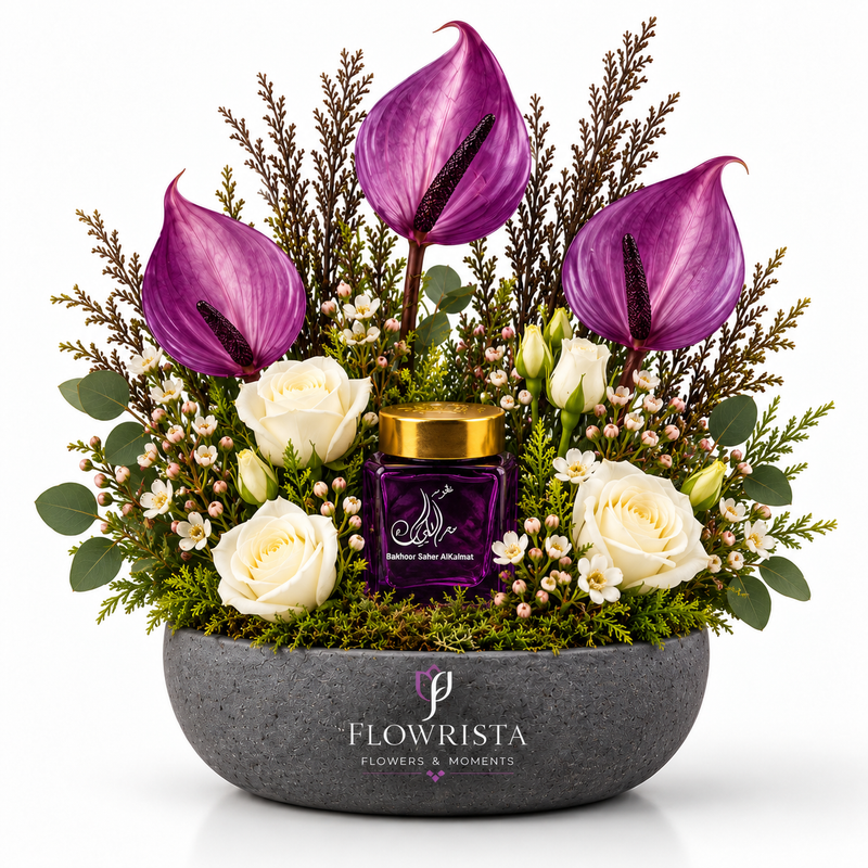 Bakhoor Saher Al Kalmat 30g with Artificial Purple Anthuriums & White Roses