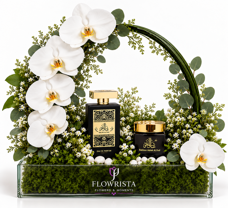 Ashek Al Oud Perfume & Bakhour Gift Set with White Orchid Wreath