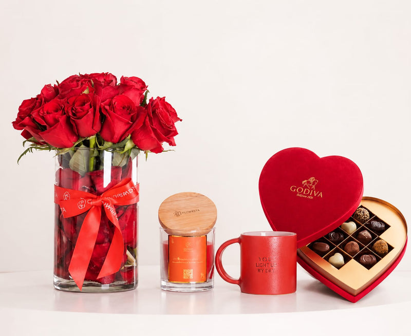 Godiva Chocolate and Mug and Candle and Red Roses Bundle