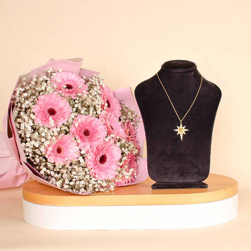 Feliz Moda star silver necklace gold plated | Pink Gerbera Bouquet