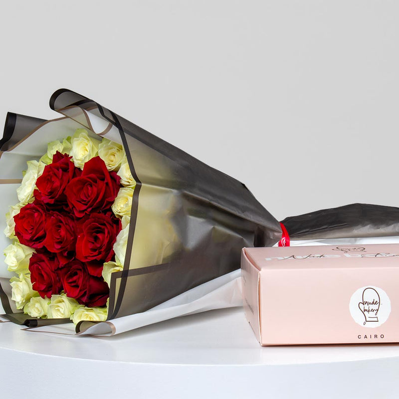 Nude Bakery doughnuts box and 22 roses