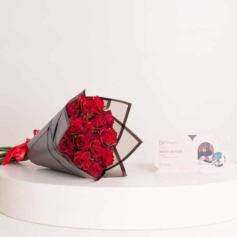 Bliss Spa Hot Stone Massage, Japanese Head Spa & Moroccan Bath & 15 Red Roses Bouquet